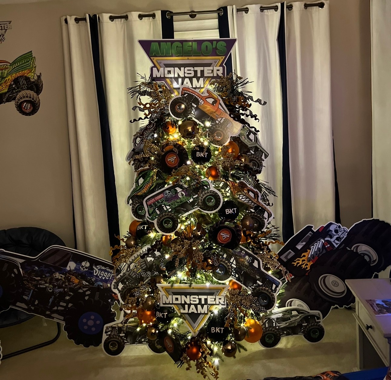 Monster Jam themed Christmas tree — full view