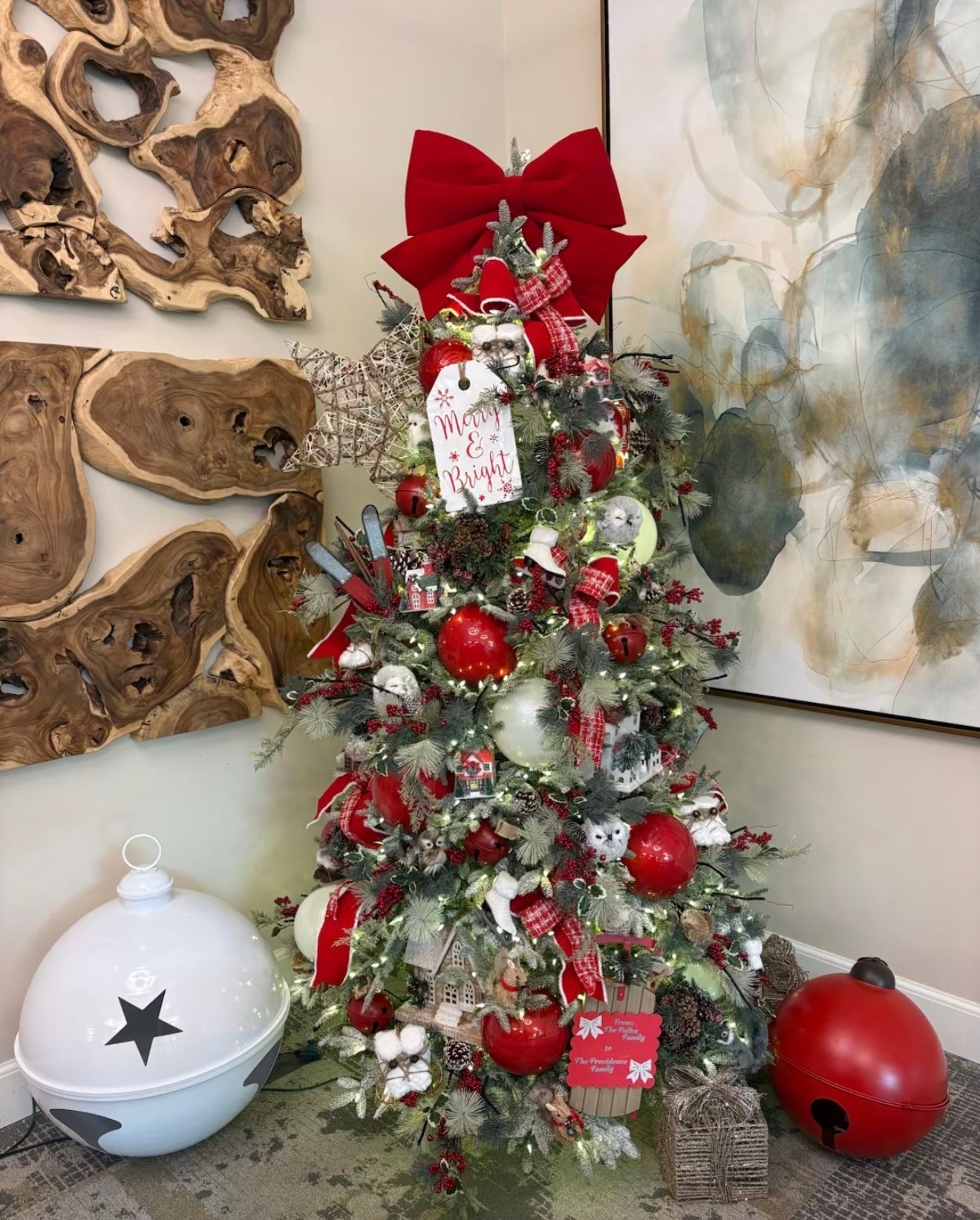 Merry and Bright Christmas tree — full view with jingle bell decor